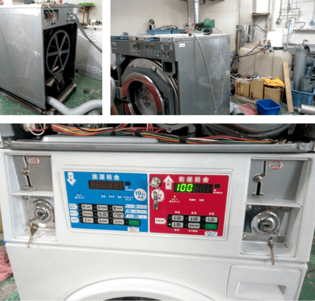 三共工業株式会社の中古洗濯機の出荷前のテスト風景